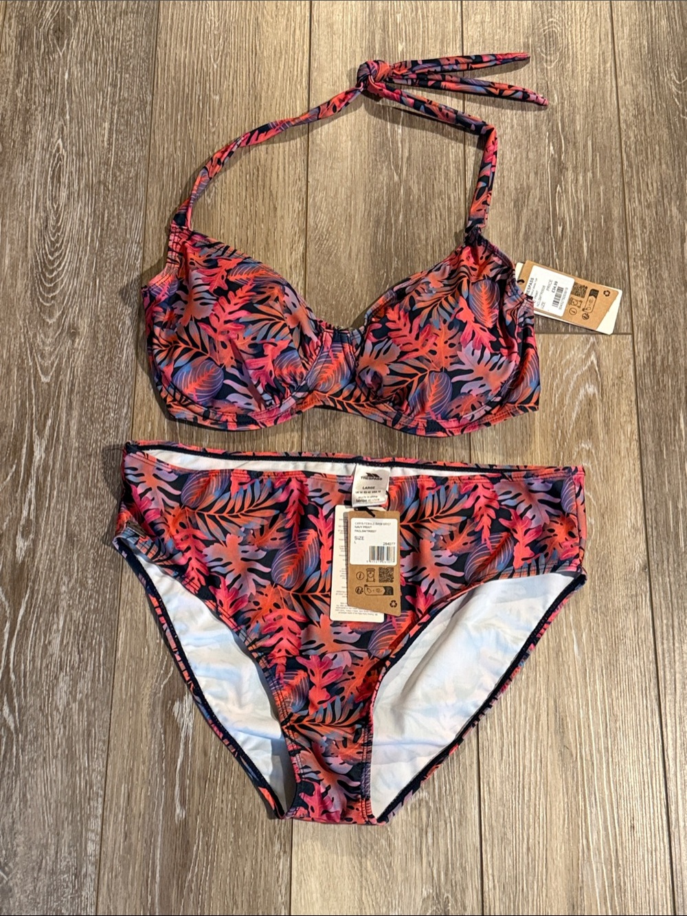 Trespass Tropical Leaf Print Bikini Set in Coral and Navy NWT
